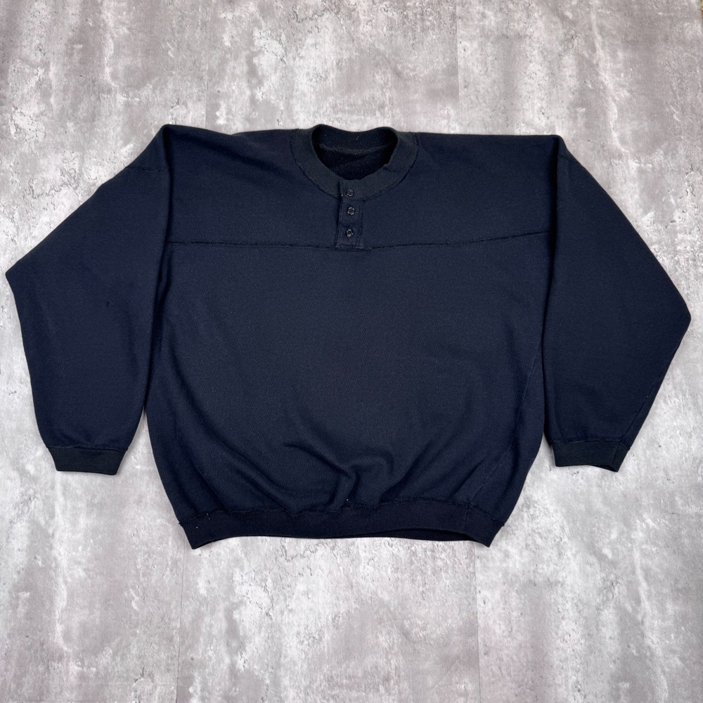 Vintage Blank Sweatshirt Mens Large Black Henley Gusset Long Sleeve Pullover 60s